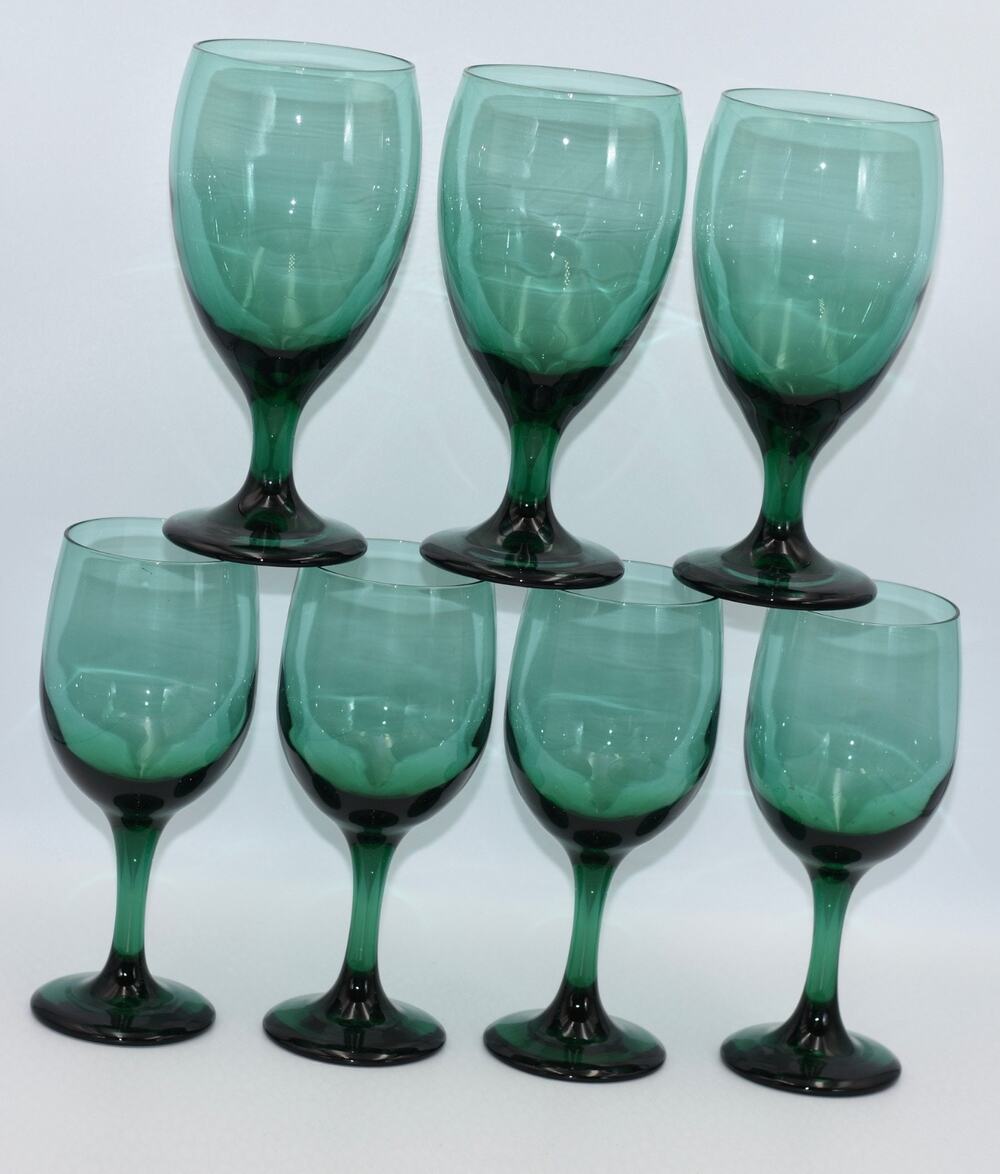 Vintage Libbey Juniper Green Wine/Water Glasses - Set of 7 Teardrop Goblets